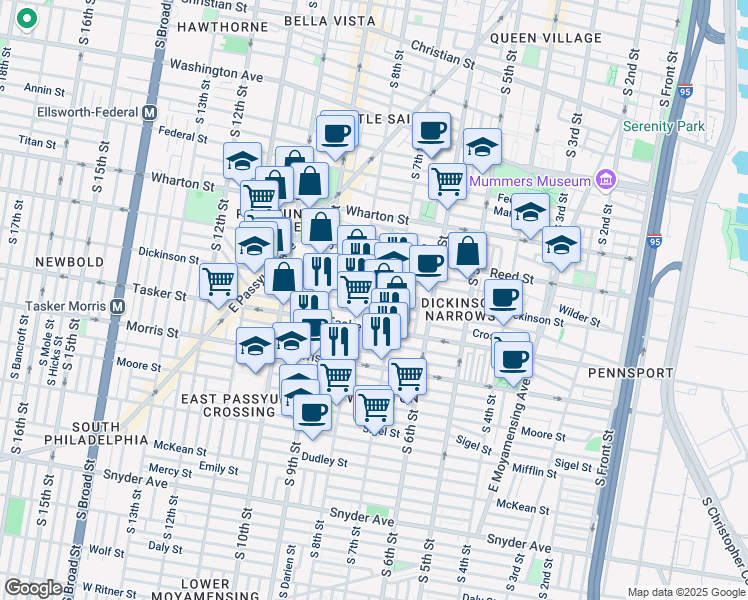 map of restaurants, bars, coffee shops, grocery stores, and more near 1507 South Franklin Street in Philadelphia