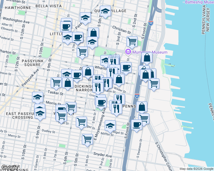 map of restaurants, bars, coffee shops, grocery stores, and more near 283 Wilder Street in Philadelphia