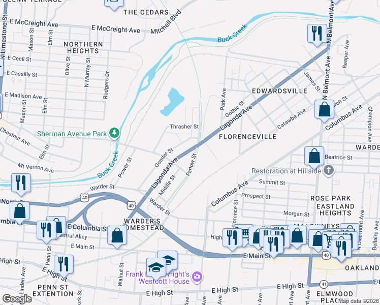 map of restaurants, bars, coffee shops, grocery stores, and more near 1209 Lagonda Avenue in Springfield