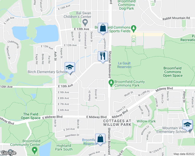 map of restaurants, bars, coffee shops, grocery stores, and more near 1051 9th Avenue in Broomfield