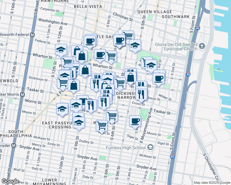 map of restaurants, bars, coffee shops, grocery stores, and more near 626 Dickinson Street in Philadelphia
