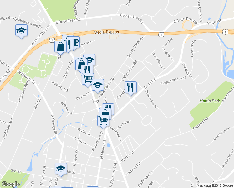 map of restaurants, bars, coffee shops, grocery stores, and more near 114 Summit Road in Media