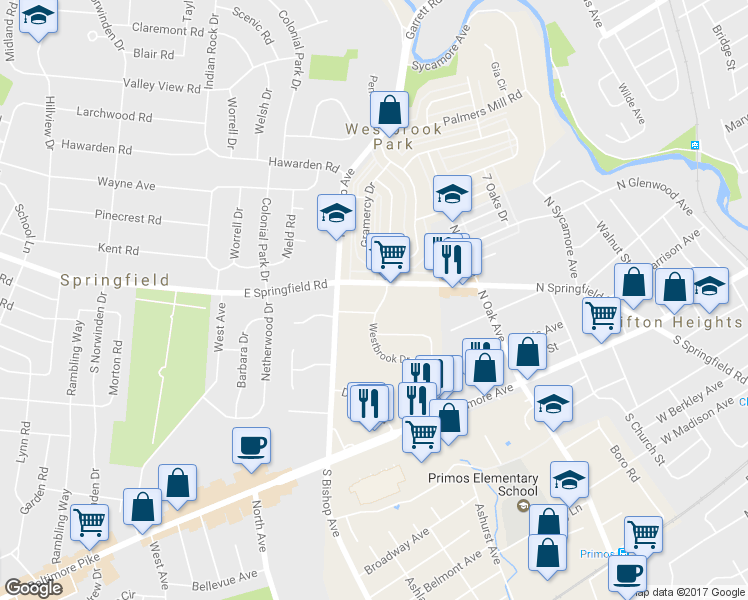 map of restaurants, bars, coffee shops, grocery stores, and more near 190 Westbrook Drive in Clifton Heights