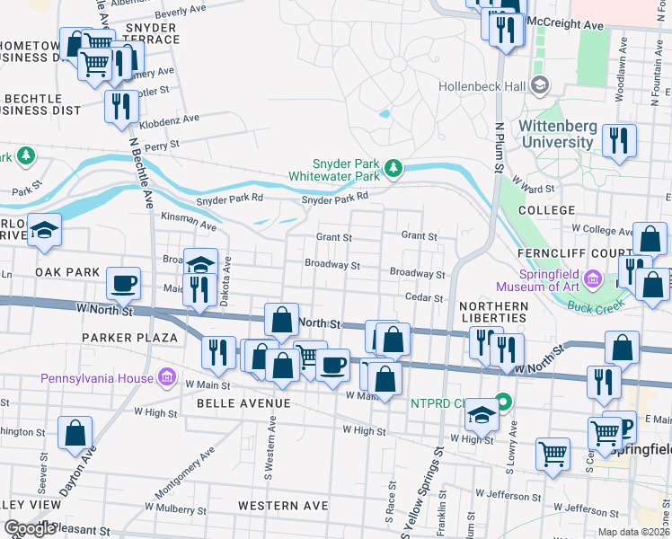 map of restaurants, bars, coffee shops, grocery stores, and more near 811 Broadway Street in Springfield