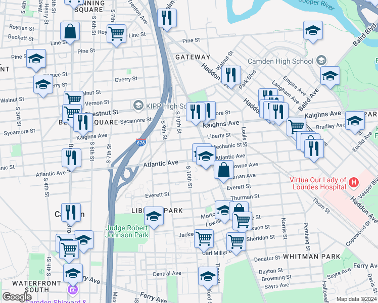 map of restaurants, bars, coffee shops, grocery stores, and more near 1400 South 10th Street in Camden