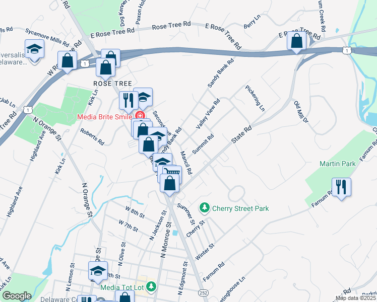 map of restaurants, bars, coffee shops, grocery stores, and more near 114 Summit Road in Media