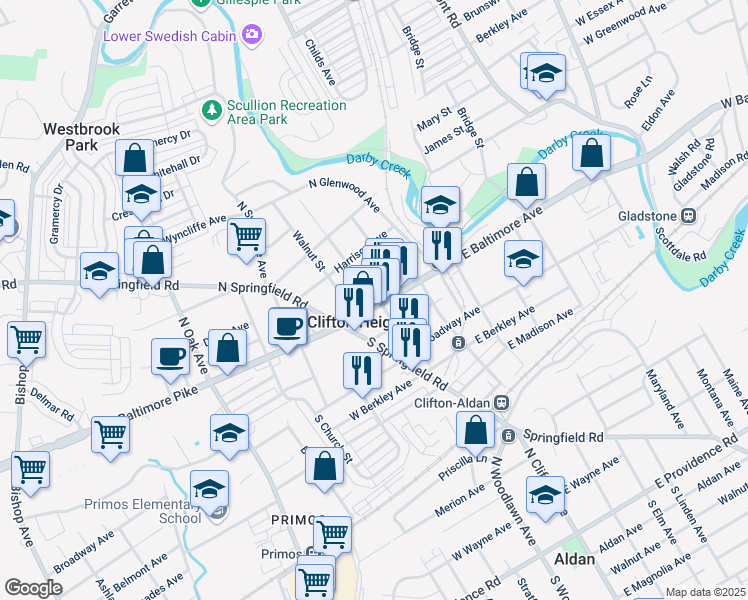 map of restaurants, bars, coffee shops, grocery stores, and more near 59 East Baltimore Avenue in Clifton Heights