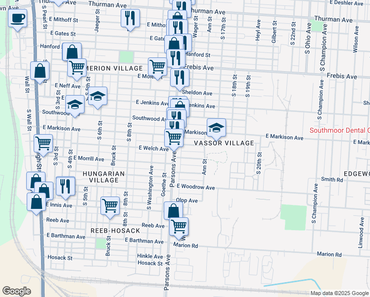 map of restaurants, bars, coffee shops, grocery stores, and more near 473 E Welch Ave in Columbus