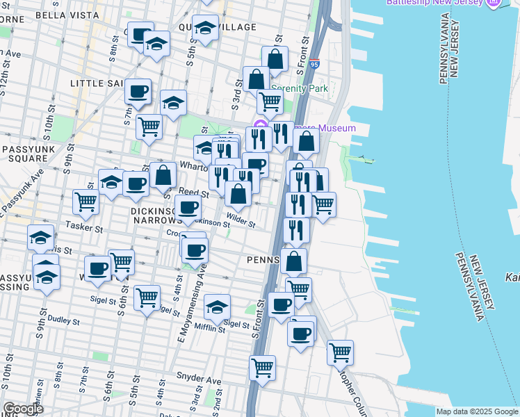 map of restaurants, bars, coffee shops, grocery stores, and more near 1405 South Hancock Street in Philadelphia
