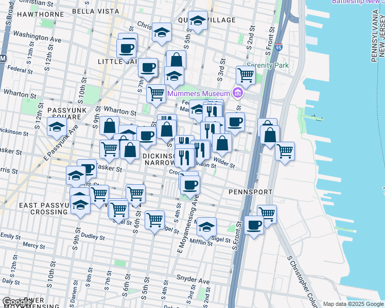 map of restaurants, bars, coffee shops, grocery stores, and more near 327 Wilder Street in Philadelphia