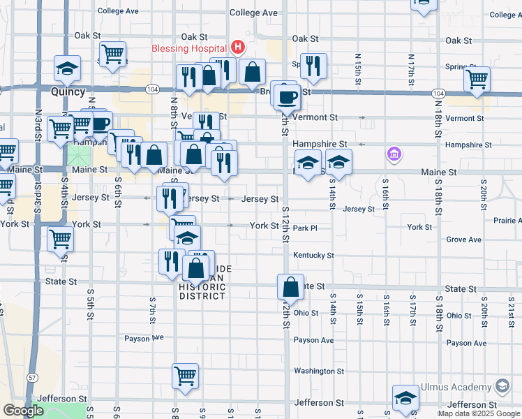 map of restaurants, bars, coffee shops, grocery stores, and more near 219 South 11th Street in Quincy
