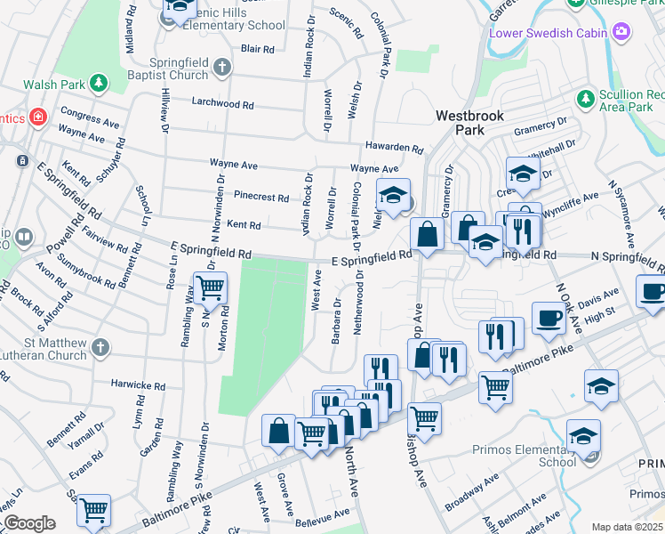 map of restaurants, bars, coffee shops, grocery stores, and more near 536 East Springfield Road in Springfield