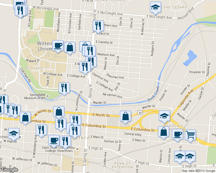 map of restaurants, bars, coffee shops, grocery stores, and more near 338 East College Avenue in Springfield