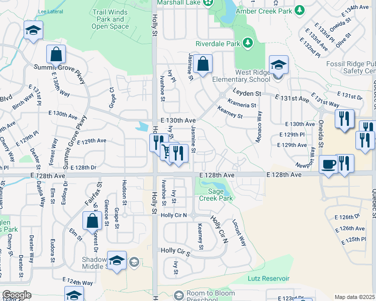 map of restaurants, bars, coffee shops, grocery stores, and more near 12840 Jersey Court in Thornton