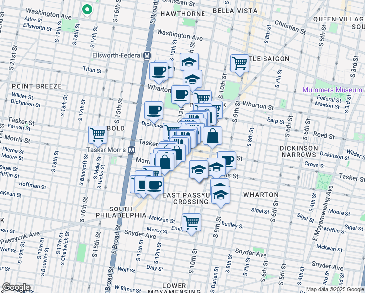 map of restaurants, bars, coffee shops, grocery stores, and more near 1548 East Passyunk Avenue in Philadelphia