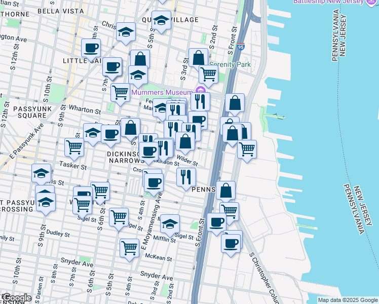 map of restaurants, bars, coffee shops, grocery stores, and more near 1409 South Philip Street in Philadelphia
