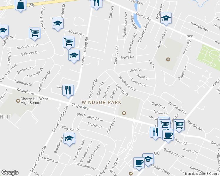 map of restaurants, bars, coffee shops, grocery stores, and more near 17 Darby Lane in Cherry Hill