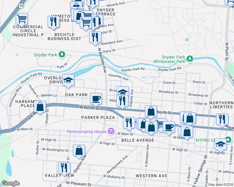 map of restaurants, bars, coffee shops, grocery stores, and more near 1323 Broadway Street in Springfield