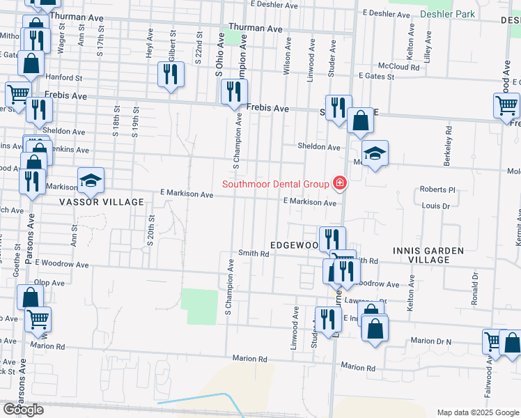 map of restaurants, bars, coffee shops, grocery stores, and more near 1721 Wilson Avenue in Columbus