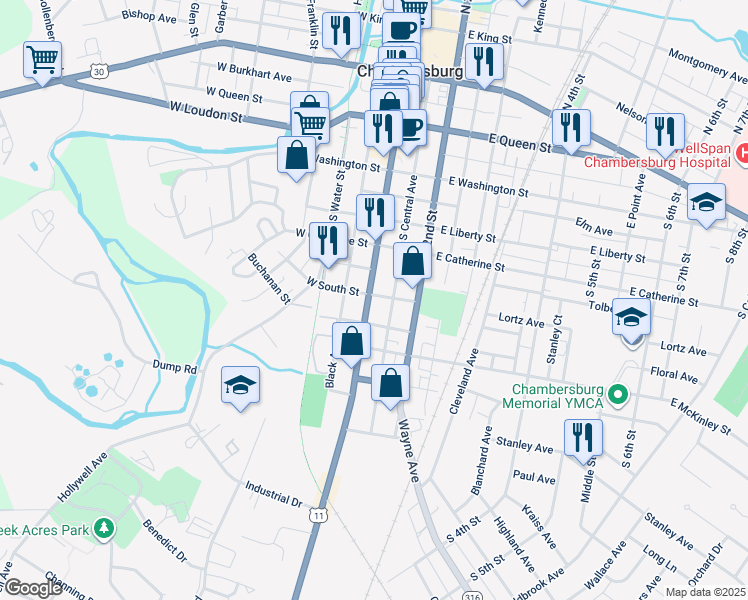 map of restaurants, bars, coffee shops, grocery stores, and more near 502 South Main Street in Chambersburg