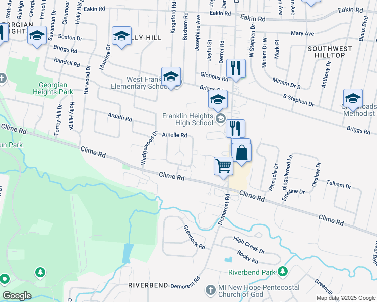 map of restaurants, bars, coffee shops, grocery stores, and more near 1153-1159 Mccarley Drive South in Columbus