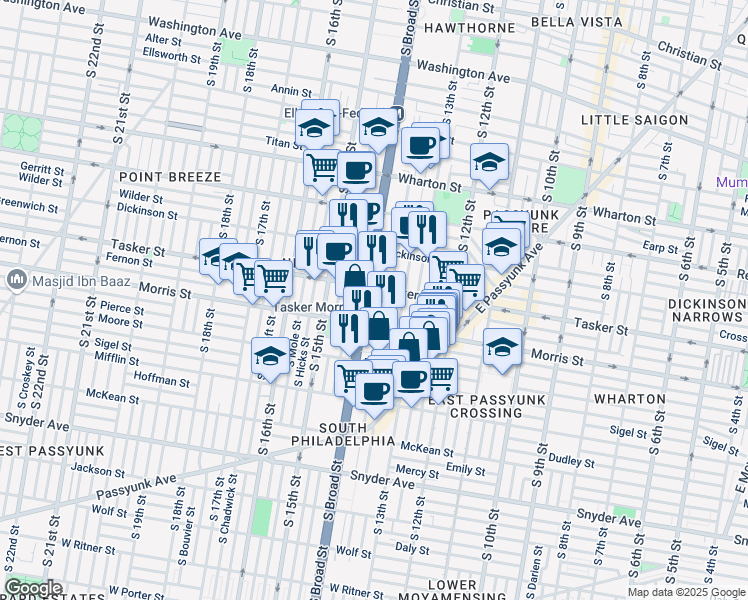 map of restaurants, bars, coffee shops, grocery stores, and more near 1613 South Broad Street in Philadelphia