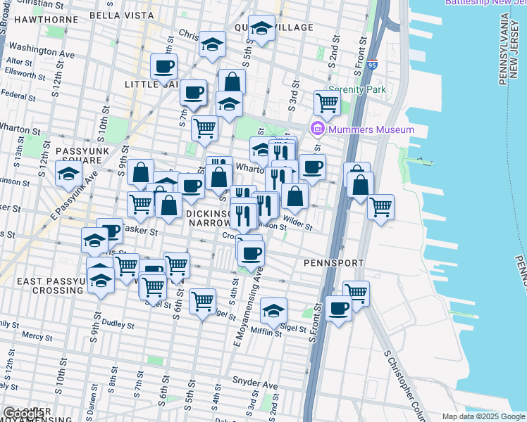 map of restaurants, bars, coffee shops, grocery stores, and more near 320 Gerritt Street in Philadelphia