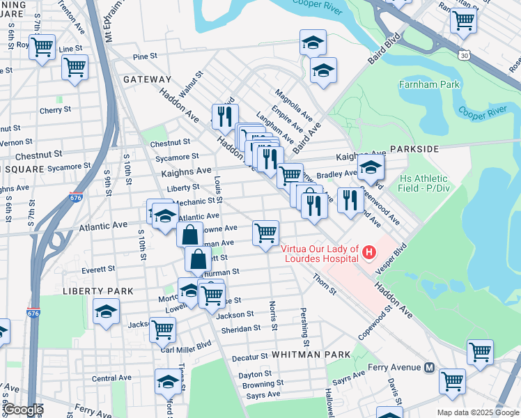map of restaurants, bars, coffee shops, grocery stores, and more near 1427 Norris Street in Camden