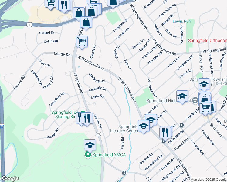map of restaurants, bars, coffee shops, grocery stores, and more near 410 Maddock Road in Springfield