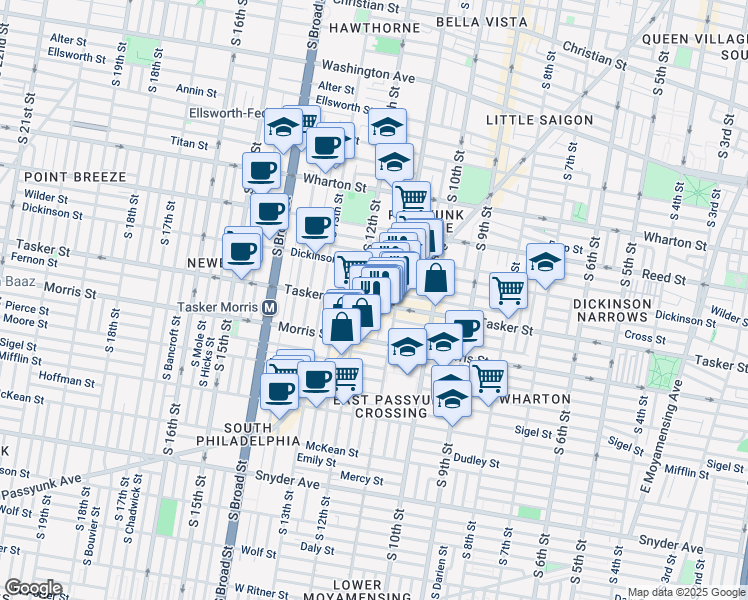 map of restaurants, bars, coffee shops, grocery stores, and more near 1125 Tasker Street in Philadelphia