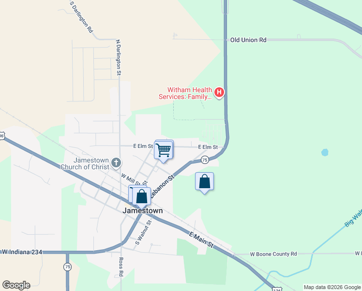 map of restaurants, bars, coffee shops, grocery stores, and more near 108 East Elm Street in Jamestown