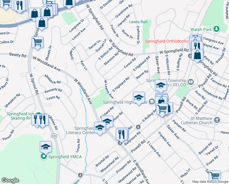 map of restaurants, bars, coffee shops, grocery stores, and more near 285 South Highland Road in Springfield
