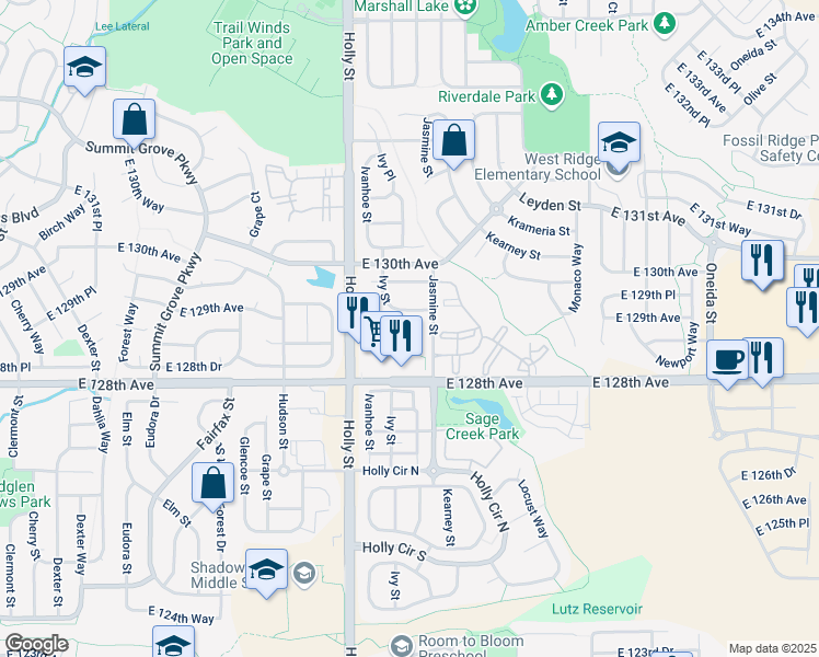 map of restaurants, bars, coffee shops, grocery stores, and more near 12840 Jersey Court in Thornton
