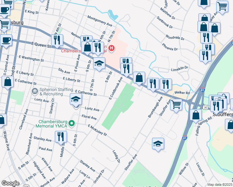 map of restaurants, bars, coffee shops, grocery stores, and more near 214 South Coldbrook Avenue in Chambersburg
