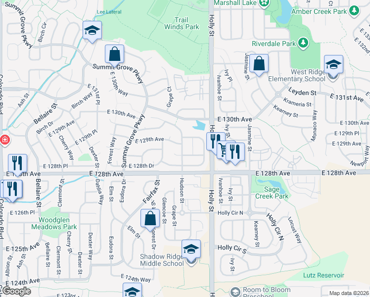 map of restaurants, bars, coffee shops, grocery stores, and more near 12908 Hudson Street in Thornton