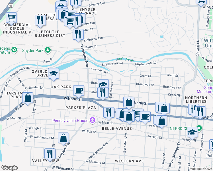 map of restaurants, bars, coffee shops, grocery stores, and more near 1213 Broadway Street in Springfield