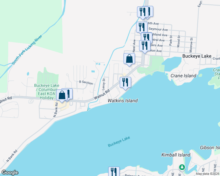 map of restaurants, bars, coffee shops, grocery stores, and more near 5000 Walnut Road in Buckeye Lake