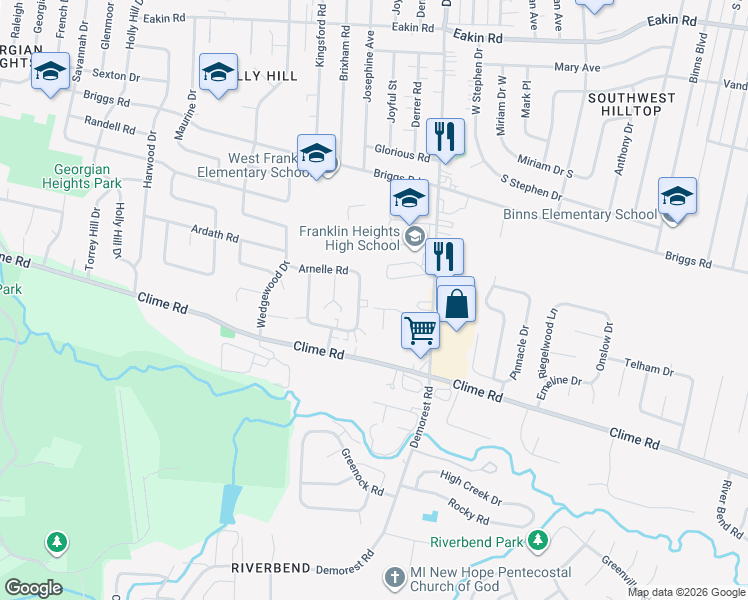 map of restaurants, bars, coffee shops, grocery stores, and more near 3588 Farm Hurst Lane in Columbus