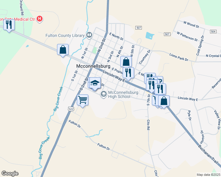 map of restaurants, bars, coffee shops, grocery stores, and more near East Maple Street in McConnellsburg