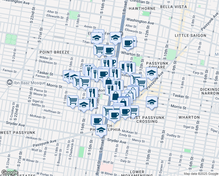 map of restaurants, bars, coffee shops, grocery stores, and more near 1614 South Broad Street in Philadelphia