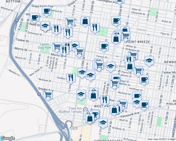 map of restaurants, bars, coffee shops, grocery stores, and more near 1808 South Ringgold Street in Philadelphia