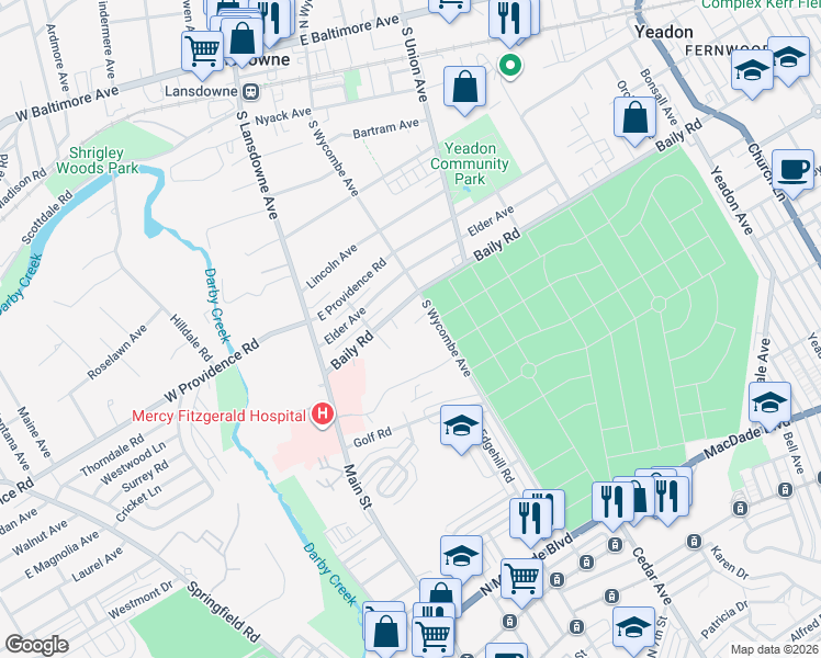 map of restaurants, bars, coffee shops, grocery stores, and more near 4 Robin Road in Yeadon