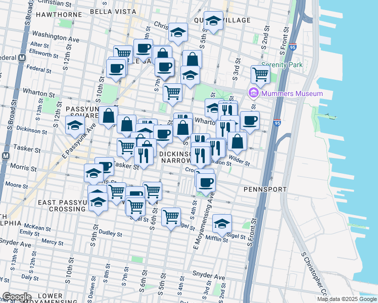 map of restaurants, bars, coffee shops, grocery stores, and more near 1434 South Lawrence Terrace in Philadelphia