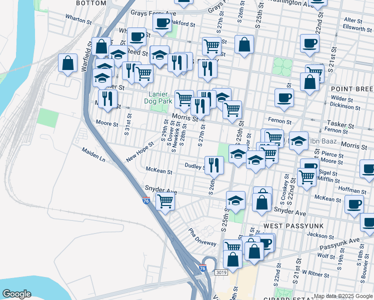 map of restaurants, bars, coffee shops, grocery stores, and more near 1828 South Etting Street in Philadelphia