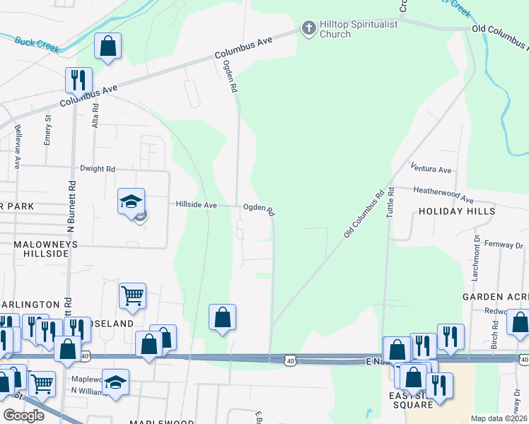 map of restaurants, bars, coffee shops, grocery stores, and more near 427 Ogden Road in Springfield