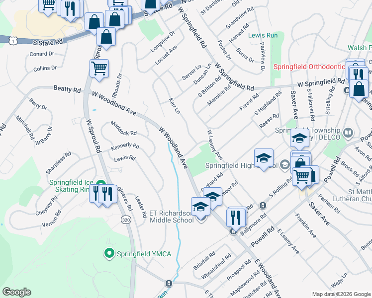 map of restaurants, bars, coffee shops, grocery stores, and more near 350 Spring Valley Road in Springfield