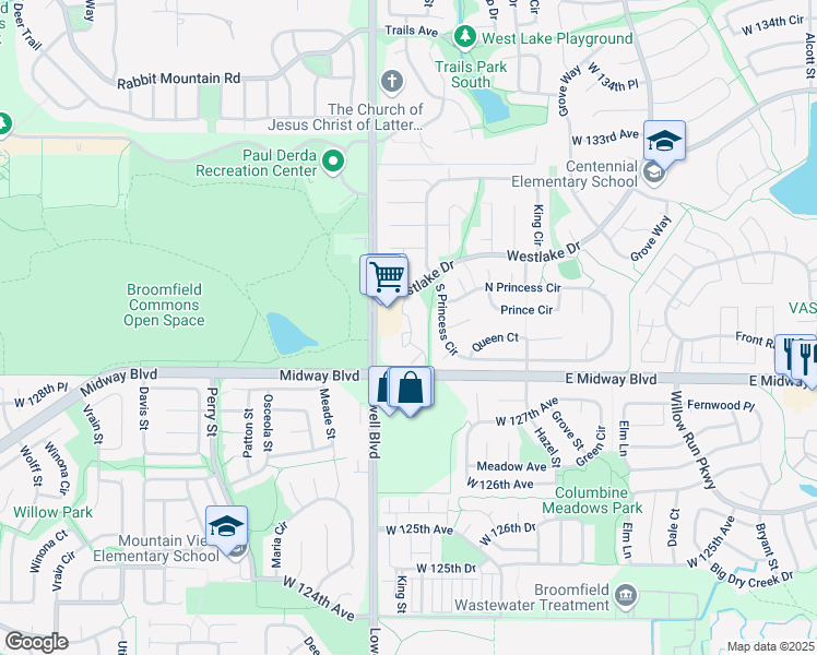 map of restaurants, bars, coffee shops, grocery stores, and more near 12852 King Street in Broomfield
