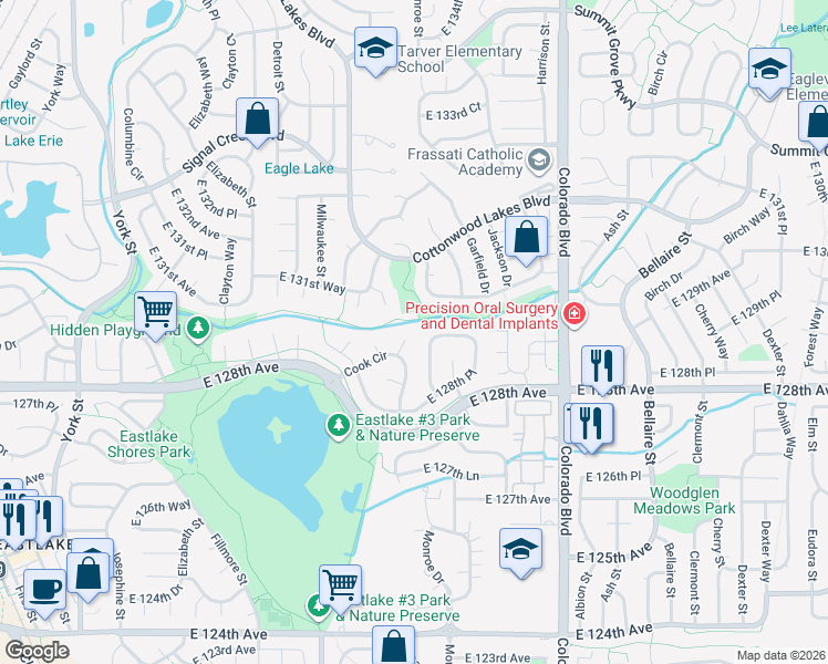 map of restaurants, bars, coffee shops, grocery stores, and more near 12862 Cook Way in Thornton