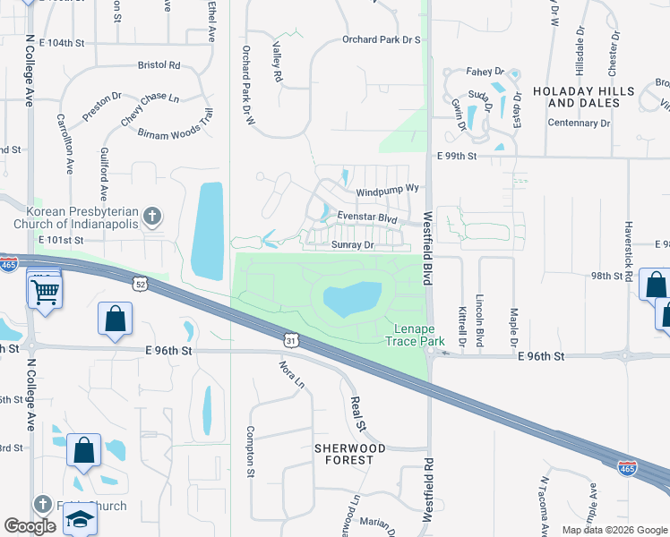 map of restaurants, bars, coffee shops, grocery stores, and more near 1423 Shadow Ridge Road in Indianapolis
