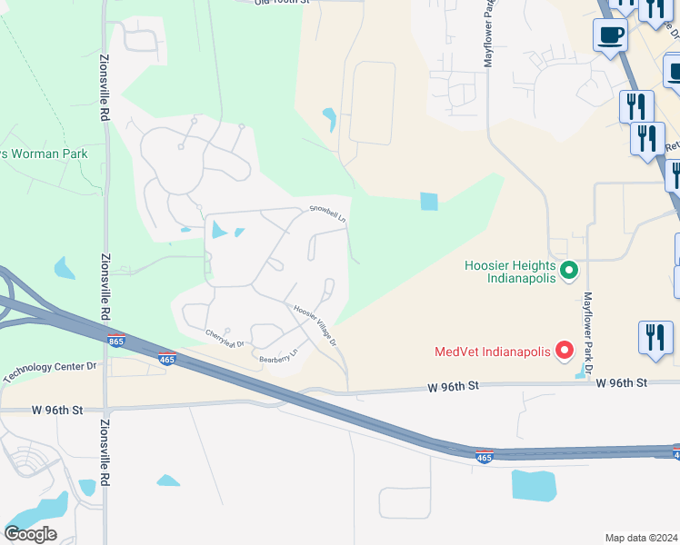 map of restaurants, bars, coffee shops, grocery stores, and more near 5300 West 96th Street in Indianapolis